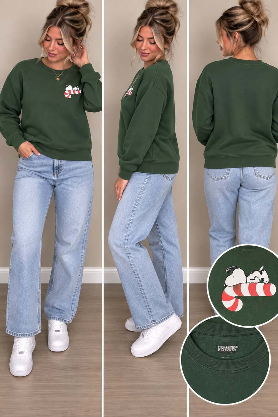 Peanuts Snoopy Candy Cane Christmas Sweatshirt Size L Green